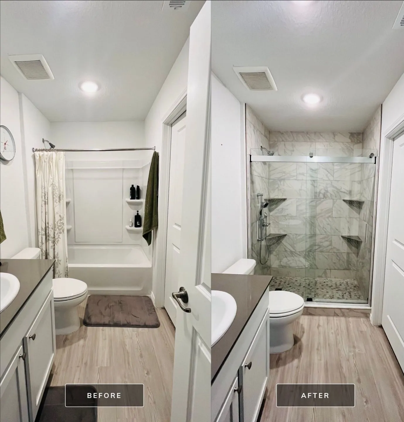 Before and after: the original tub and shower curtain replaced by a glass walk-in shower