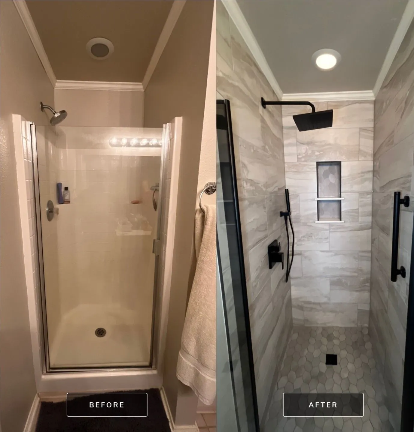 Tiled Shower Conversion — before and after