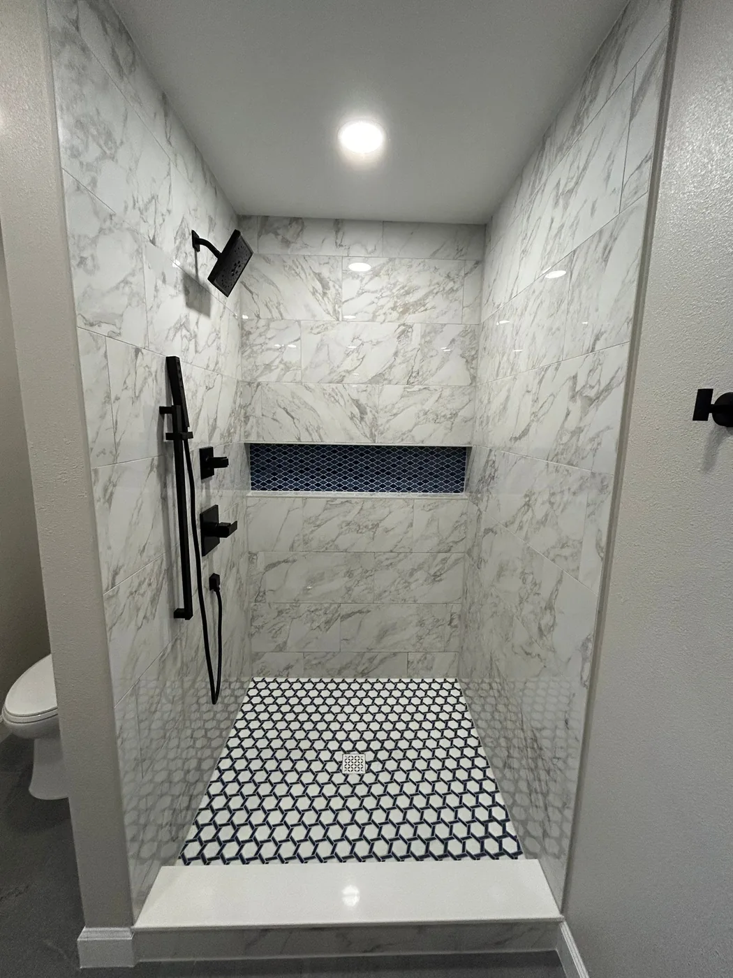 Shower alongside the toilet, with the glass edge and patterned mosaic floor in view